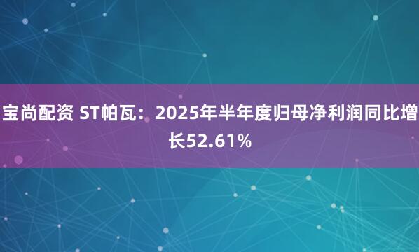 宝尚配资 ST帕瓦：2025年半年度归母净利润同比增长52.61%
